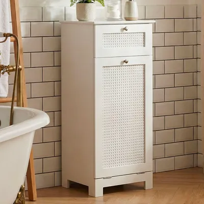 Obrázek produktu pro WOHNLING Koš na prádlo, dřevěný, bílý, 38 x 90 x 40 cm, s výklopnými dvířky a zásuvkou Skříň na prádlo Koš na prádlo Skříň do koupelny s vídeňským proutím a pytlem na prádlo