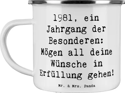 Produktbild von Mr. & Mrs. Panda Pott Spruch 1981 Geburtstag - Weiß - Geschenk, Teetasse, persönliches, Emaille Tasse, Haferl, Geburtstagsgeschenk, Nostalgie, Kaffeepott, Jahrgang, 40.