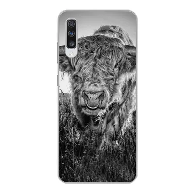 Produktbild von MuchoWow® Handyhülle Schutzhülle Hülle für Samsung Galaxy A70 Schottischer Highlander - Schwarz und Weiß Silikon Softcase Handy Hülle - Schutzhaube
