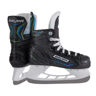 A pair of black hockey skates with white laces and blue and green accents, shown from a side-diagonal view.