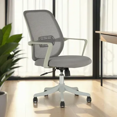Produktbild von Bürodrehstuhl MOLLIS höhenverstellbar mit Armlehnen in weiß & Mesh-Bezug in grau - Ergonomisch gepolstert & atmungsaktive Rückenlehne, Drehstuhl mit Rollen für harte & weiche Böden