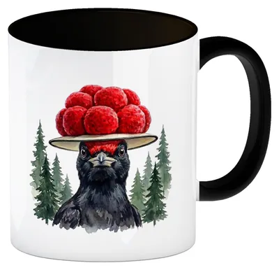 Produktbild von Schwarzspecht mit Bollenhut Kaffeebecher in schwarz Schwarzwald Motiv