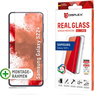 Produktbild von Displex Panzerglas (10H) + Case für Samsung Galaxy S22+, Eco-Montagerahmen, + Case, Tempered Glas, kratzer-resistente Schutzfolie, Samsung, Galaxy S22+, Trockene Anwendung, Schlagfest, Kratzresistent, Staubresistent, Transparent, 1 Stück(e)