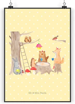 Produktbild von Mr. & Mrs. Panda Bild Waldtiere Picknick DIN A5 - Gelb Pastell - Geschenk, Hase, Maus, Wald, drucke, Wanddekoration, Wandbild, Igel, Plakat, Fuchs, wanddeko