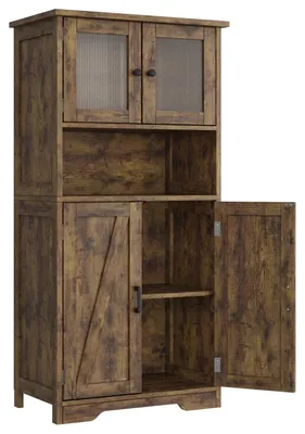 Image de Armoire haute - Buffet de cuisine - Avec portes - Étagères réglables - Autoportant - Pour cuisine et salle à manger - Marron