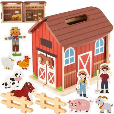 Immagine prodotto di Set da gioco in legno a tema fattoria con animali e fienile, ideale per bambini dai 3 ai 5 anni