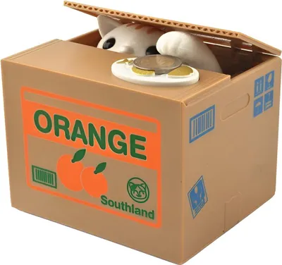 A coin bank shaped like a cardboard box with a cat peeking out.