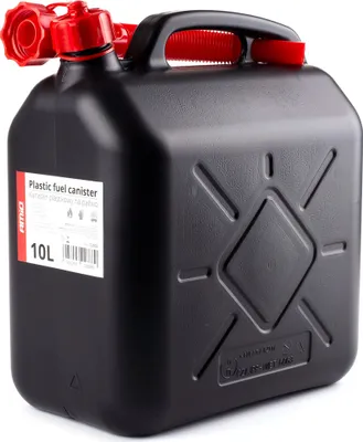 A black plastic fuel canister with red caps and handle, shown against a white background.