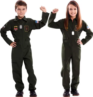 Kampfpilot Kostüm Fliegerass für Kinder 7-12 Jahre Overall grün Unisex für Mädchen und Jungen Fasching Karneval Mottoparty Kinderfasching Familienkostüm