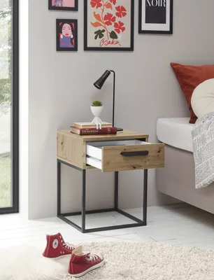 Produktbild von SUNA Nachttisch in Artisan Eiche Optik - Moderner Nachtschrank mit Schublade und schwarzem Metallgestell - 40 x 52 x 38,5 cm (B/H/T)