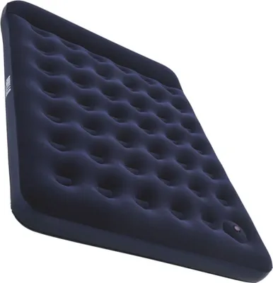A dark blue inflatable mattress shown from a diagonal angle against a white background.