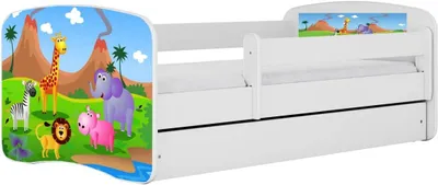Produktbild von Weißes Babybett 70 x 140 cm mit Safarimotiv, ohne Schublade und Matratze