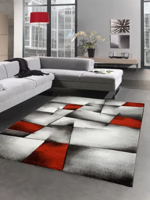 Produktbild von Moderner Teppich Kurzflor Wohnzimmerteppich Konturenschnitt karo abstrakt grau schwarz weiss rot Größe - 160x230 cm