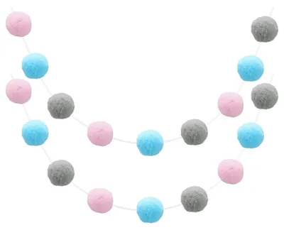 Pompon-Set, 2 Stück, 2 m, 30 Ballen, Vliesstoff, Polyester, Hellrosa, Grau, Blau