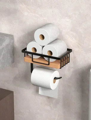 Zdjęcie produktu dla Półka łazienkowa z drewna i metalu – samoprzylepna, bez wiercenia – do montażu na ścianie w łazience – wymiary: 19,5 x 12 x 6 cm – kolor czarny lub biały