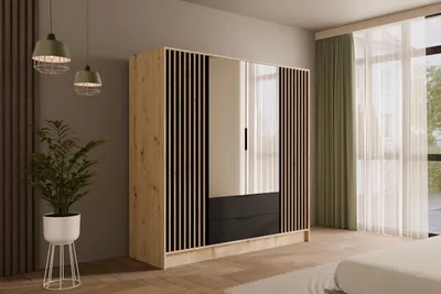 Produktbild von ALTDECOR Kleiderschrank mit Spiegel und selbstschließenden, Lamellentüren, Lamellen, Flügeltüren - NELIA - 200 cm Artisan / Schwarz / Artisan