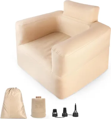 Zdjęcie produktu dla Nadmuchiwana sofa TRMLBE Outdoor Camping Pojedyncza nadmuchiwana kanapa z oparciem i podłokietnikiem Krzesło powietrzne z pompką Sofa kempingowa Szybkie nadmuchiwanie/opróżnianie do podróży wewnątrz i na zewnątrz, Khaki