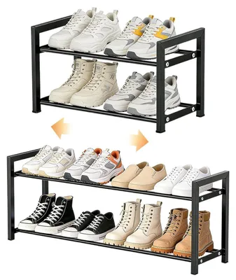 Image de Étagère à chaussures coulissante, 2 niveaux, en métal, réglable de 45 à 80 cm, de couleur noire