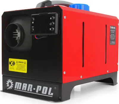 A red and black diesel air heater with a control panel and a blue fuel cap.