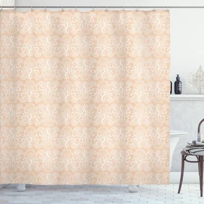 Image de ABAKUHAUS Rideau de douche couleur pêche, motif damassé vintage avec imprimé floral entrelacé minutieusement dessiné, 175 x 180 cm, blanc pêche clair