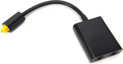 A black digital Toslink fiber optical splitter adapter with a yellow connector.
