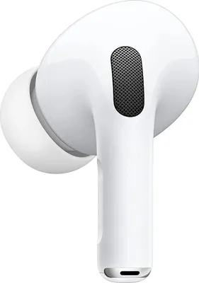 A close-up studio shot of a single white Apple AirPods Pro earbud.
