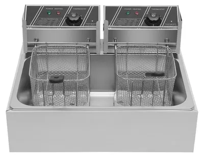 Produktbild von Gastro Fritteuse - Einzelbecken 12 L - Thermostat 60–200°C - Zwei Frittierkörbe - Edelstahl 410/201 - Becken 53×33×15 cm - Korb 21,5×18×10 cm