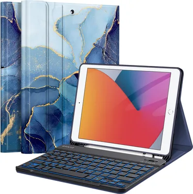Produktbild von Fintie Hülle mit Tastatur für iPad 9. / 8. / 7. Generation (10.2 Zoll, 2021/2020/2019), Beleuchtete Magnetisch Abnehmbarer Tastatur mit Schutzhülle, Deutsches QWERTZ-Layout, Ozean Marmor