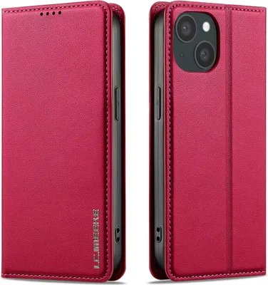 A product shot of a red flip phone case for an iPhone 15, shown from two angles.