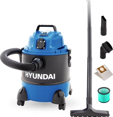 A wet and dry vacuum cleaner with accessories, displayed against a white background.