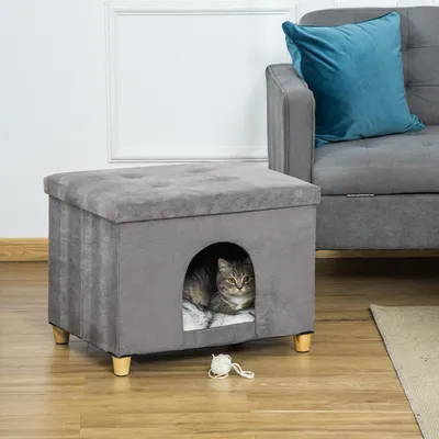 Produktbild von Sweiko Katzenhöhle Katzenbett 2-IN-1 Katzenhaus Fußhocker mit Kissen Holzbeine Katzenzelt Haustierhaus Grau 60 x 45 x 44,5 cm