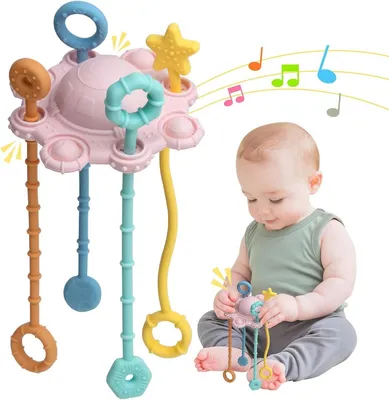 Produktbild von Montessori Bauspielzeug Baby – Silikon Greifring mit Zugseilen, 6–36 Monate