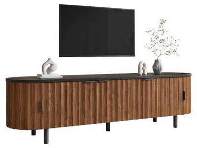 Image de Moonbite TV-Lowboard de 170 cm avec 5 portes, meuble TV à façade nervurée et bords arrondis, pieds en fer, panneau MDF, finition noyer