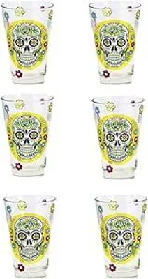 Produktbild von 6er Set Trinkgläser mit Totenkopf-Motiv, gelb, Metallic-Look, 350ml Fassungsvermögen
