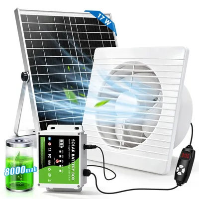 Produktbild von 150MM Solar Abluftventilat Ventilator mit 17W Solarpanel Timer Akkuanzeige Verstellbare Geschwindigkeit, Leise <36 dB Solar Lüfter Abluft für Schuppen