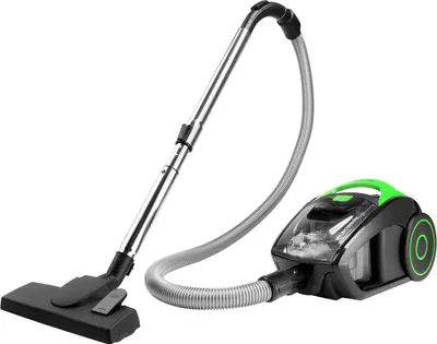 A bagless vacuum cleaner with its hose and floor head is shown against a white background.