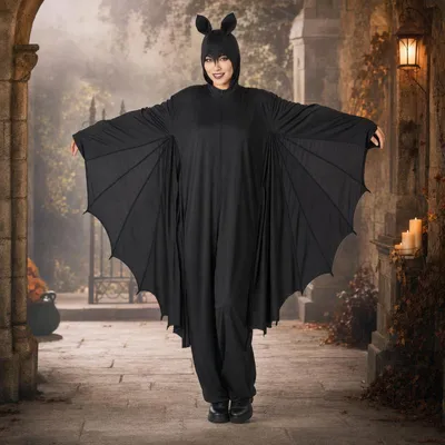 Produktbild von Erwachsenenkostüm Fledermaus – schwarzer Overall mit Flügeln und Kapuze Einheitsgröße
