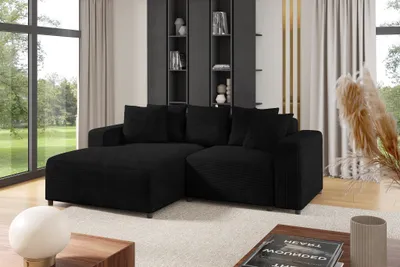 Productafbeelding van Designbank, model MEGAN XS, in stof Poso, kleur zwart. Hoekbank met ottoman aan de linkerkant