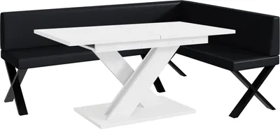 Produktbild von MEBLINI Eckbank für Esszimmer mit ausziehbarem Tisch  - Küchenbank - Essecke - Sitzecke Küche - ERIC - X-Beine 142x196x87cm Rechts - Schwarz Kunstleder/B Weiß Matt