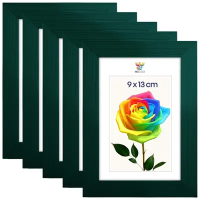 Produktbild von MG Design 5er Set Bilderrahmen 9 x 13 cm - Fotorahmen mit Grün Echtholzrahmen und bruchsicherem Acrylglas, Hoch & Quer zum Aufhängen, zum Aufstellen