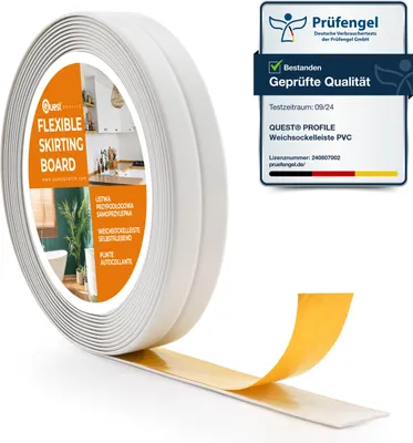 A roll of flexible skirting board with its adhesive backing exposed, next to a certification badge.