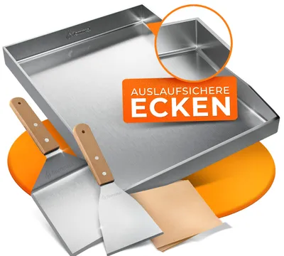 A stainless steel grill plate with two spatulas and burger paper, presented on an orange circular base.