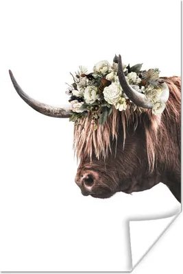 Produktbild von MuchoWow® Poster Schottisches Hochlandrind - Blumen - Weiß 20x30 cm - Papierdruck