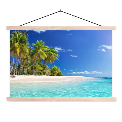 Produktbild von MuchoWow® Textilposter Strand - Meer - Palme - Sonne - Sommer 120x80 cm mit holzfarbenen Rahmen - Aufhängeset