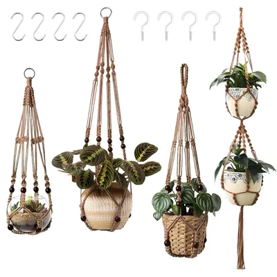 Image de Suspension pour plantes Suspension macramé pot de fleur - 4 pièces - Coton - Intérieur et extérieur