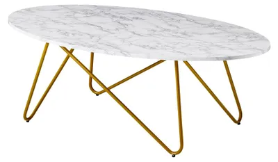 Produktbild von Couchtisch 120x40x60 cm in Marmor Optik Weiß, Wohnzimmertisch mit Metallgestell, ovaler Sofatisch, Loungetisch