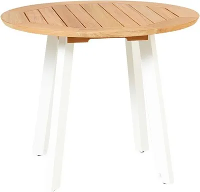 Produktbild von Diana Tisch Rund Durchmesser 95 cm aus Teakholz Natur Beine Alu Weiß