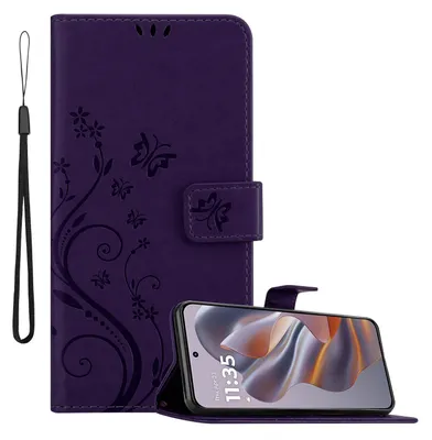 Produktbild von Cadorabo Hülle für Motorola Moto Edge 50 Neo Hülle in FLORAL DUNKEL LILA Schutzhülle im Blumen Design mit Magnetverschluss, Standfunktion und Kartenfächern Book Case Cover