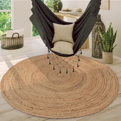 Produktbild von Teppich Rund Wohnzimmer Jute Boho Ethno Muster Modern Handgefertigt Naturteppich Grösse 200 cm Rund