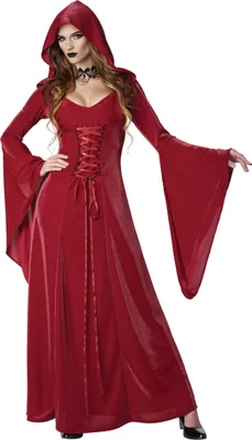 A woman wearing a red gothic dress with a hood and bell sleeves, posing against a white background.